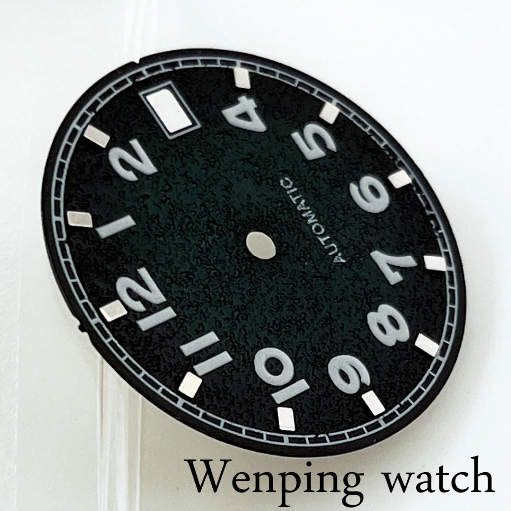 New 29mm Sterile Green Luminous Gradient Grain Texture Watch Dial Fit NH35 Automatic Movement With Calendar Window