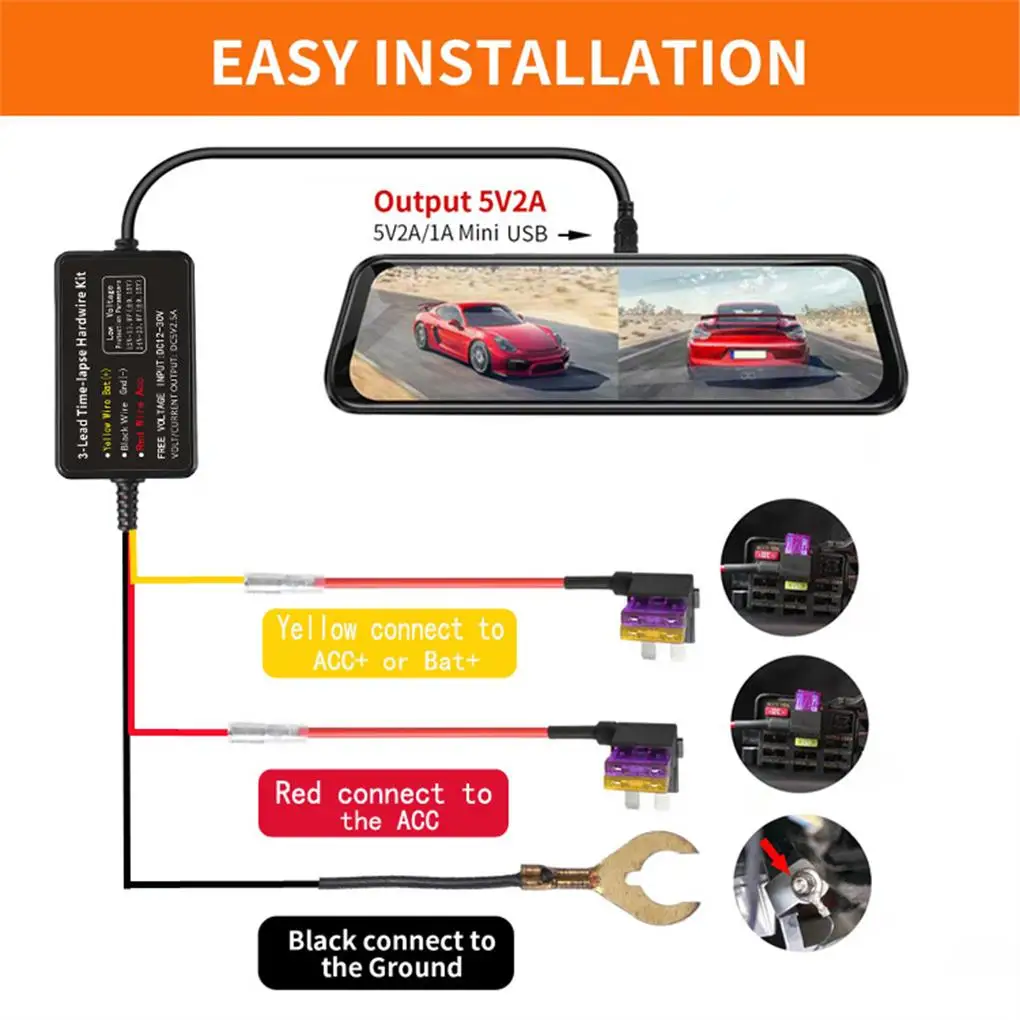 سيارة داش كام مرآة DVR مجموعة الأسلاك الصلبة مايكرو ميني MCIRO نوع-C شاحن مسجل قيادة كابل تخفيض الجهد