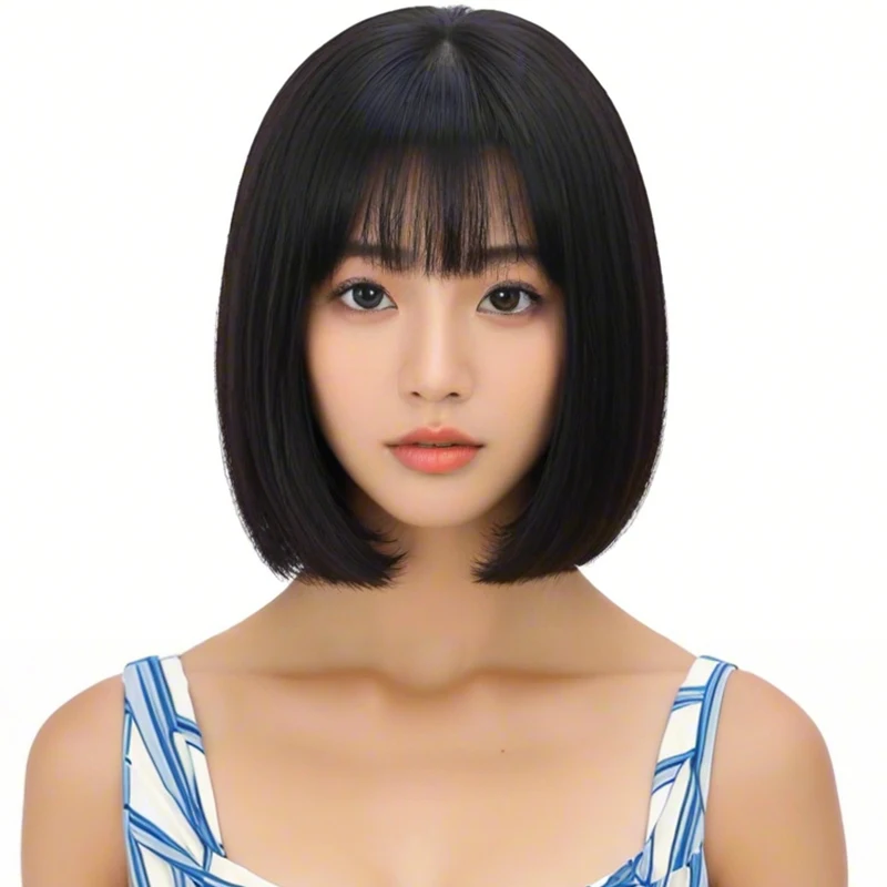 Heat Resistant Bob Wig with Bangs for Women Natural  Density Adjustable Shoulder Length Synthetic Hair for Daily and Party