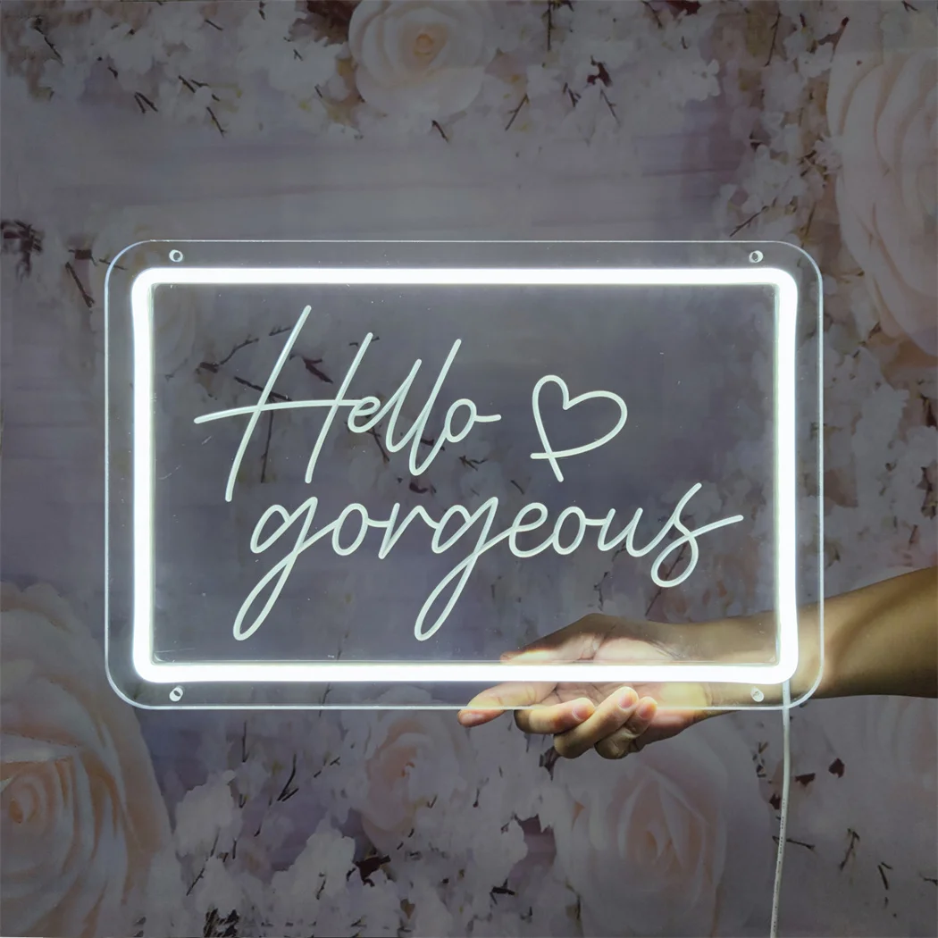 Hello Gorgeous Neon Sign USB-Powered LED Light 3D Engrave Wall Hanging Mount Multipurpose Use for Wedding Party Home Room Decor