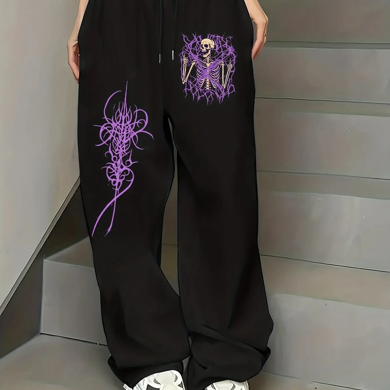 

Dark Style Skull Lightning Print Wide Leg Pants Purple Thorns Subculture Street Men's and Women's Plus Size Loose Pants
