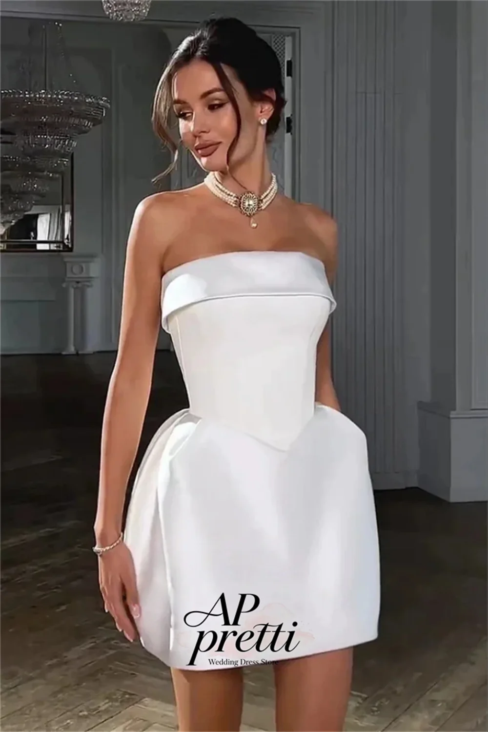 ap-pretti-modern-strapless-fold-over-neck-bridal-gown-customized-sleeveless-satin-short-bubble-wedding-dresses-for-woman