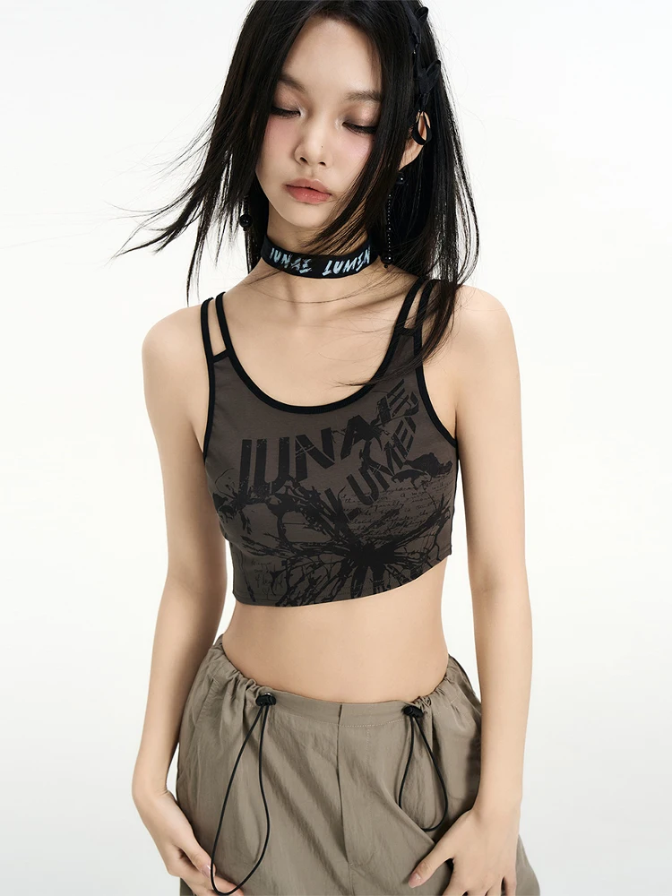 

American Retro Print Double Strap Vest ort Top Women's Summer Faion Cotton Blend Street Sle Letter Pattern IUNAE LUMEN