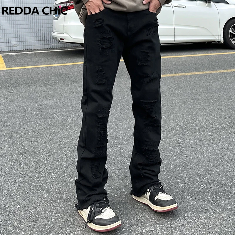 

REDDACHiC Trashed Men Black Straight Jeans Ripped Hole Denim Pants Raw Edge Destroyed Male Trouser Retro Y2k Harajuku Streetwear