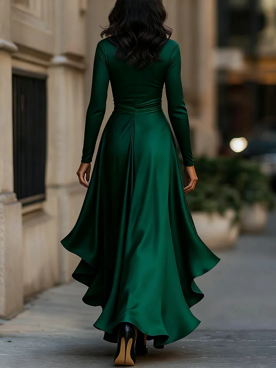 Womens Dresses 2025 Spring New Solid Color Satin V-Neck Long Sleeve Waist Cinched Irregular Ruffle Hem Elegant Party Dress