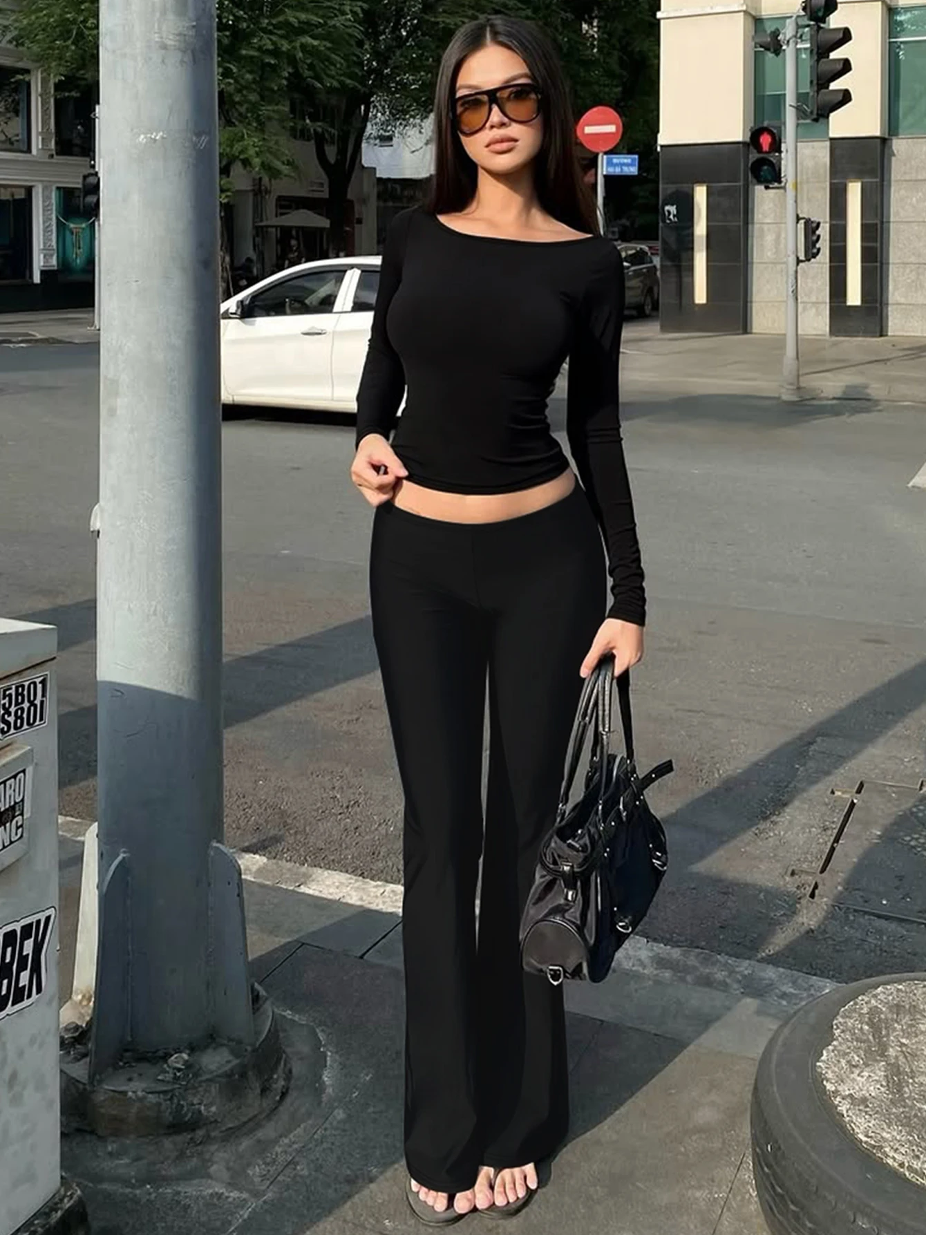 Dulzura Women'S Solid Sexy Casual 2 Piece Pants Set O-Neck Long Sleeve Backless T-Shirt Slim Fit Long Flare Pants Matching Set