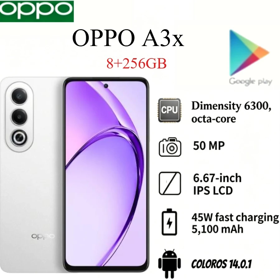 OPPO A3X 2026 Global Edition Smartphone 8GB RAM 256GB Storage High-Capacity Battery 50MP Camera Latest Model