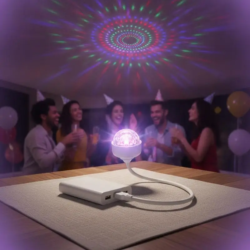 Mini USB Colorful LED Stage Light 360 Rotating Voice Activated Atmosphere Light for Small Indoor Outdoor Gathering Use