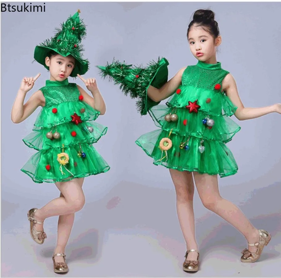 

Girls Christmas Dress Green Xmas Tree Cosplay Costume Festival Party Santa Clause Kids Fancy Dress Fun Stage Performance Clothes