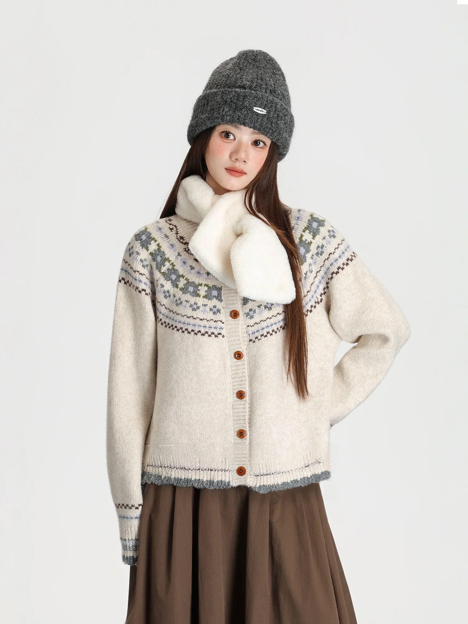 

Retro Fair Isle Knitted Sweater Coat Women's Loose Lazy Soft Spring New Sle Casual Faion round Ne Long Sve Top