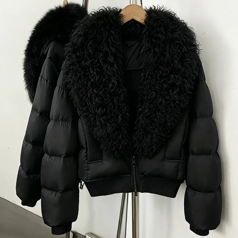 OFTBUY Winter-Qualitäts-Daunenjacke für Damen mit abnehmbarem Echt-Lammfellkragen, kurzer Puffermantel, isolierte Oberbekleidung – Detail 4