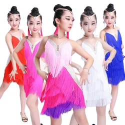 Girls Jazz Modern Party Latin Dance White Tassel Latin Ballroom Costumes Tango Samba Dance Dress Ballroom Fringe Dress Costumes