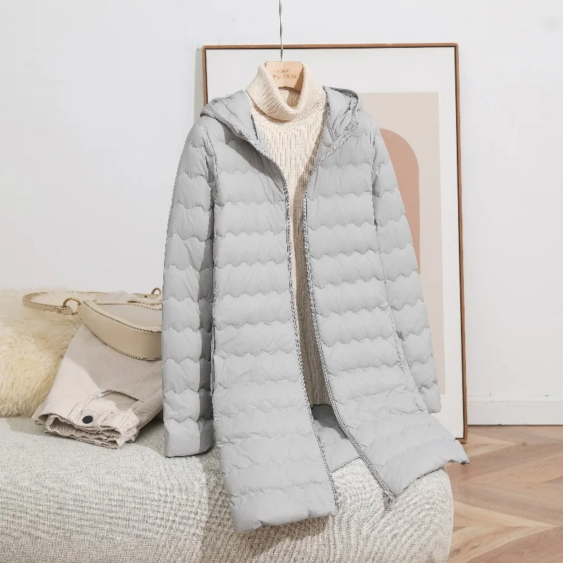 Mittellange Herbst- und Winter-Daunenjacke mit Kapuze für Damen, 2025, neue einfache Wellenlinie, modische Pendlerjacke, warme Jacke