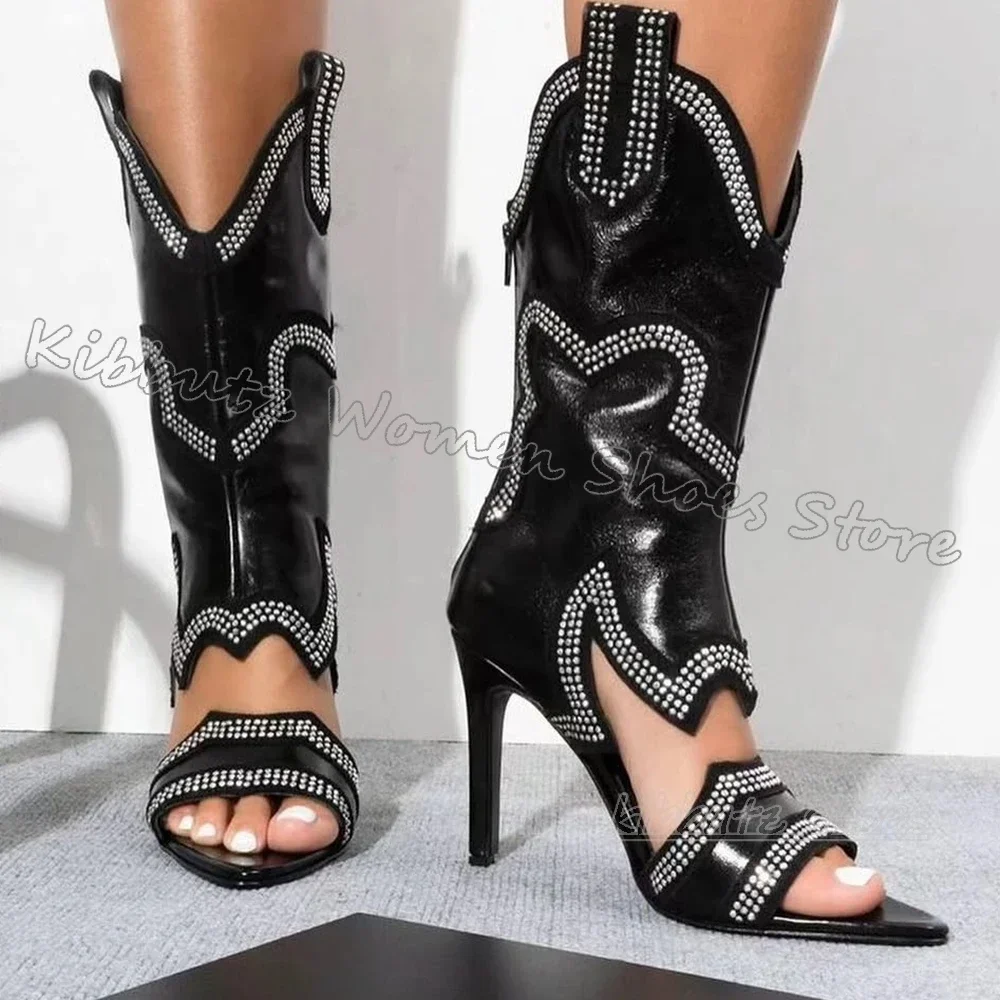 Patchwork Sandals Ankle Boots Crystal Gloosy Pointed Toe Thin Heels Zipper Fashion Novelty Sexy Concise Women Shoes New Summer