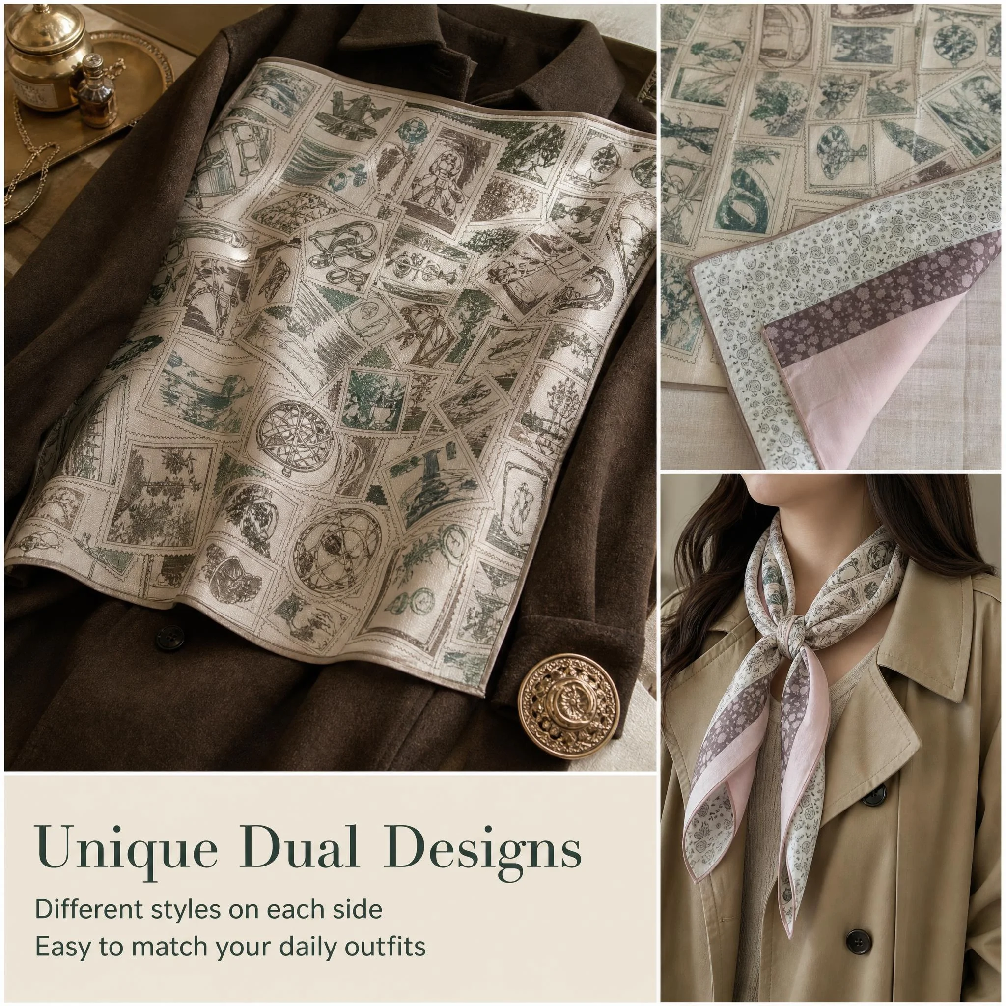 Women Silk Wool Square Scarf 65x65cm Vintage Stamp Collage Double Sided Headscarf Soft Warm Neckerchief Bandana Gift