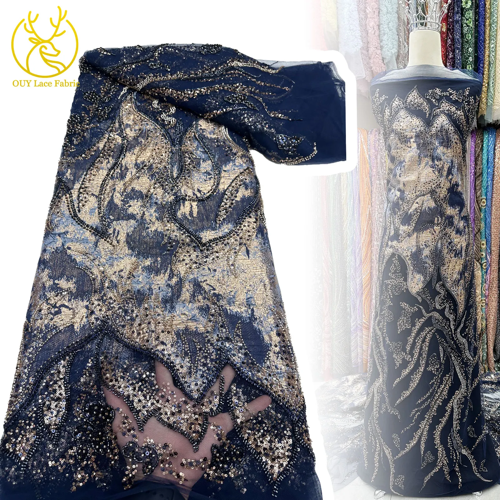 

Luxury French Nigerian Beaded Groom Embroidered Blue Lace Fabric 5 yards African Sequin Lace Fabric for Wedding Party Dresses