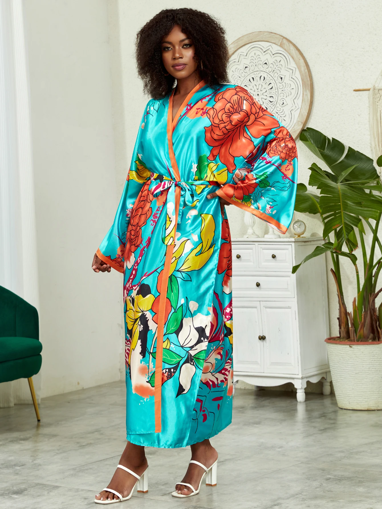 Plus Size Boho Kimono, damskie Plus nadruk lotosu kontrastowe wiązanie z długim rękawem z odkrytym przodem Kimono