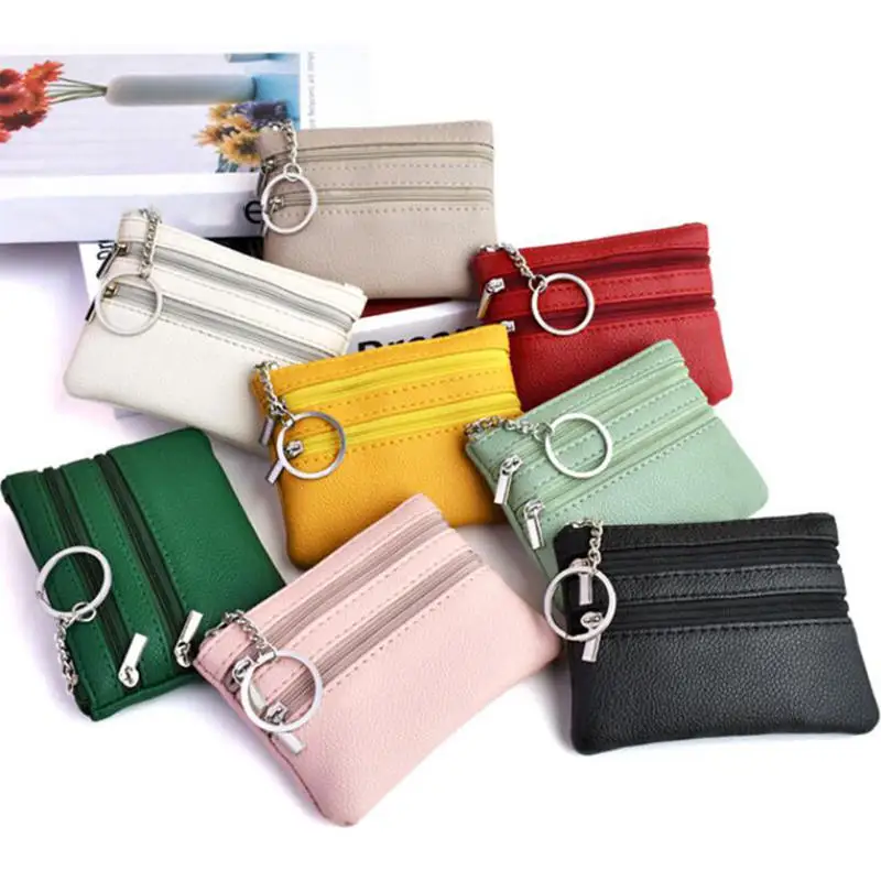 

Women's Mini PU Leather Money Coin Purse with Key Ring Waterproof Pocket Purse Double Zipper Wear-resistant Credit Card Holder