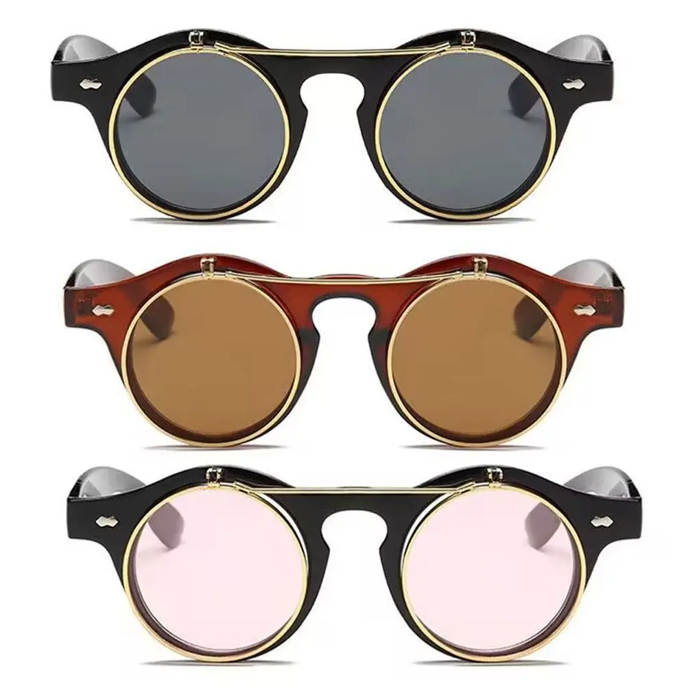 

Солнцезащитные очки с круглой оправой и откидной крышкой, защитные очки для вождения, в стиле панк, двухслойные, черные, с затемнением