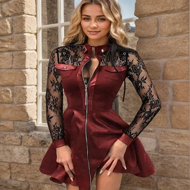 Women\'s Dress Sexy Lace Mesh Long Sleeve Patchwork Stand Neck Party Dress Elegant Office Zipper Pockets PU Leather Mini Dress