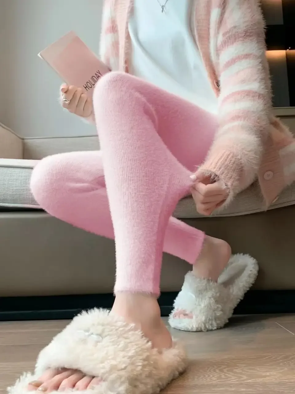 سميكة الدافئة الأرنب الفراء المرأة الخريف الشتاء عالية الخصر سليم صالح بسط طماق غير رسمية السراويل تشديد شكل الجسم #3