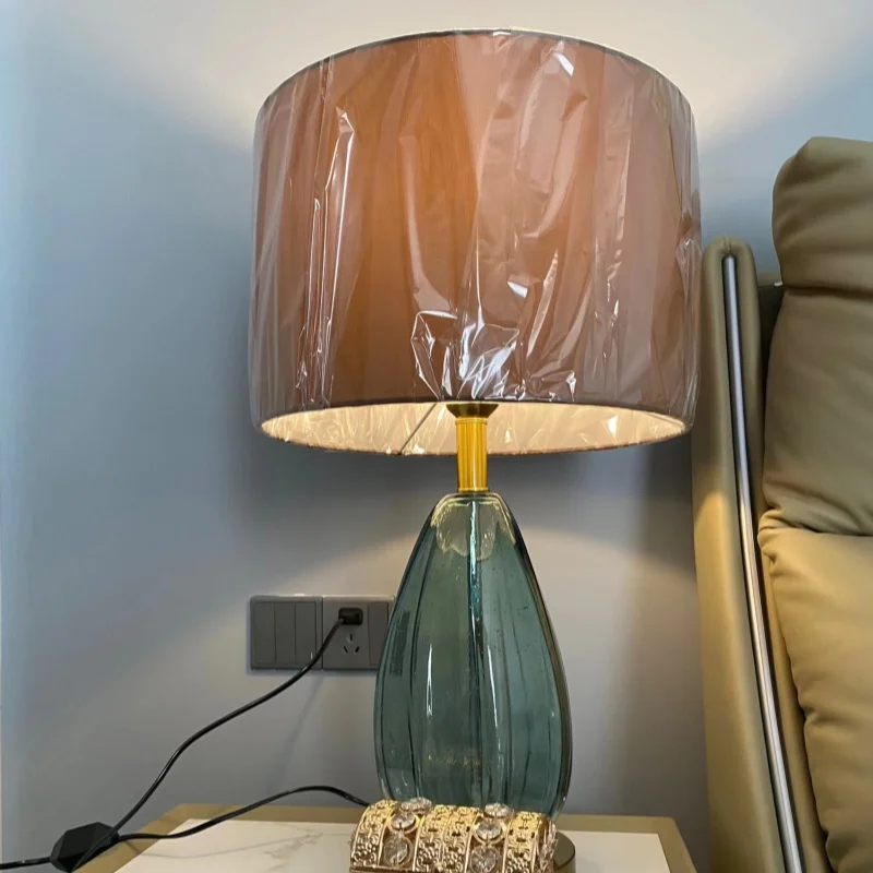 Luxury Handmade Glass Table Lamp Modern Bedside Desk Lamp Fabric Lampshade Living Room Bedroom Home Decor Eye-caring Night Light