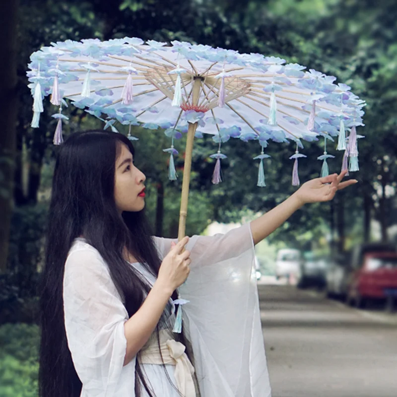 Hanfu Cosplay Animation Tassel Petal Hanfu Beach Umbrella Props Blue Purple Flower Umbrella Parasol Paraguas Inverso