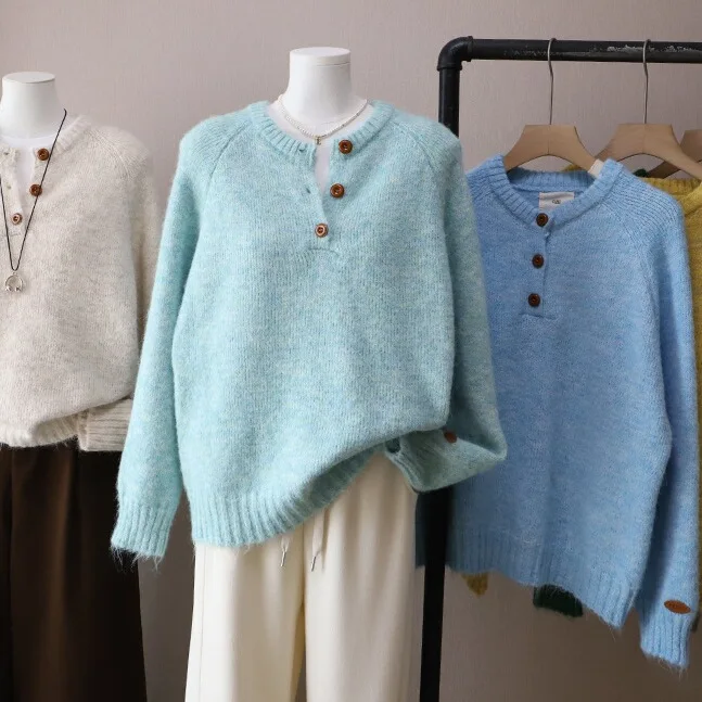 

Loose Women's Knitted Sweater round Ne Tee Button Casual Sle Autumn Winter New Arrival Comfortable Long Sve Top