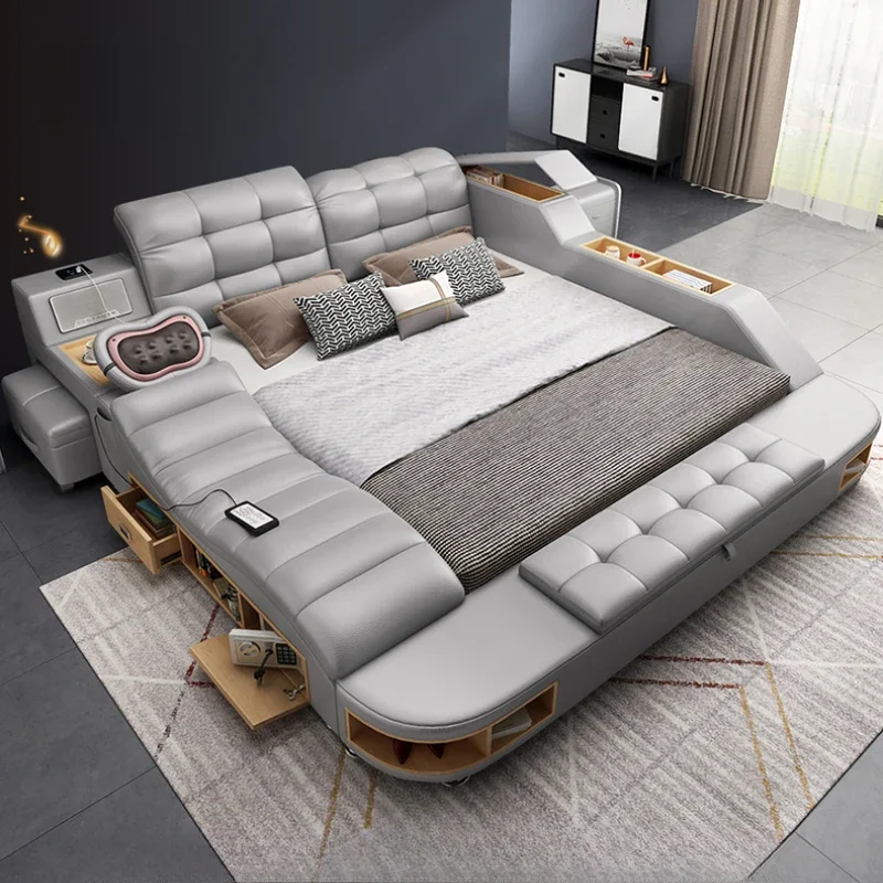 

Design Luxury Modern Double Bed Storage Space Leather Multifunctional Adults Bed Queen Smart Camas De Dormitorio Home Furniture