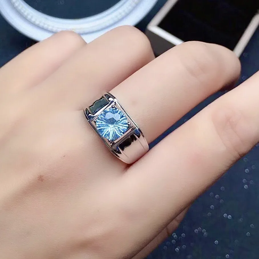 

Кольцо с натуральным светло-голубым топазом 8 мм для мужчин, модное мужское кольцо с топазом из серебра 925 пробы, ювелирные изделия с топазом из стерлингового серебра для мужчин