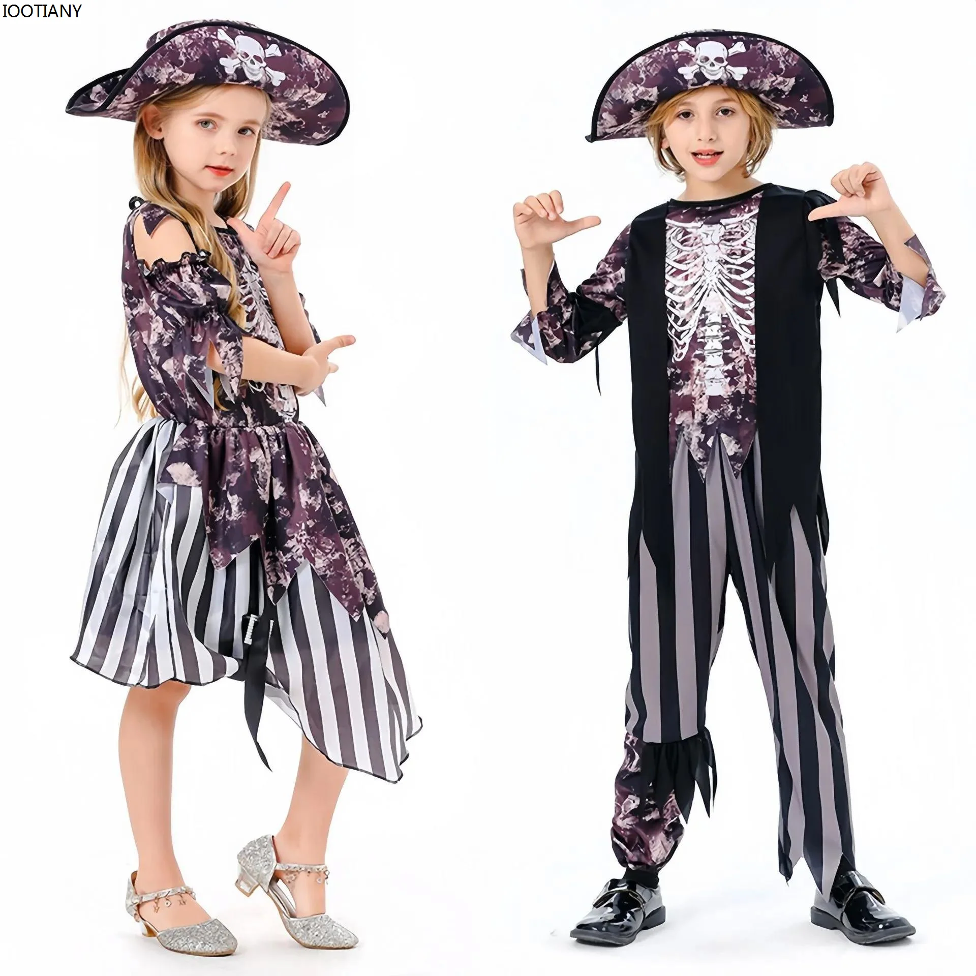 

Kids Caribbean Pirate Captain Cosplay Costume Girls Boys Halloween Pirate Skeleton Set With Hat Children Carnival Party Dress Up