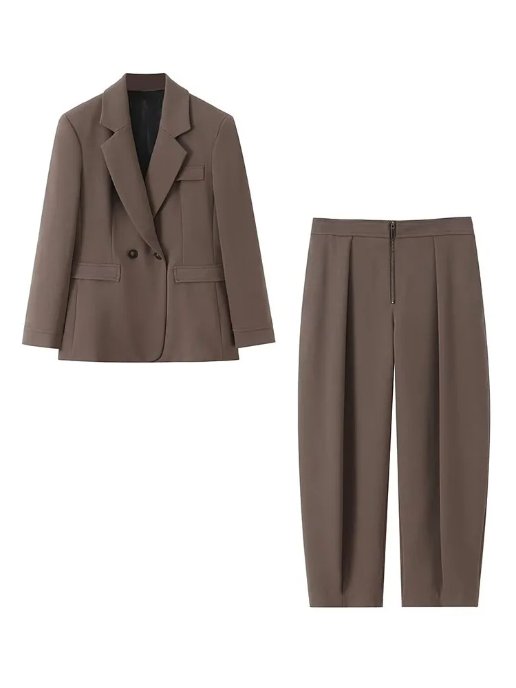 

HH Women New Fashion Versatile Double-Breasted Blazer With Shoulder Pads+High-Waisted Commuting Office Casual Zippered Pant Suit