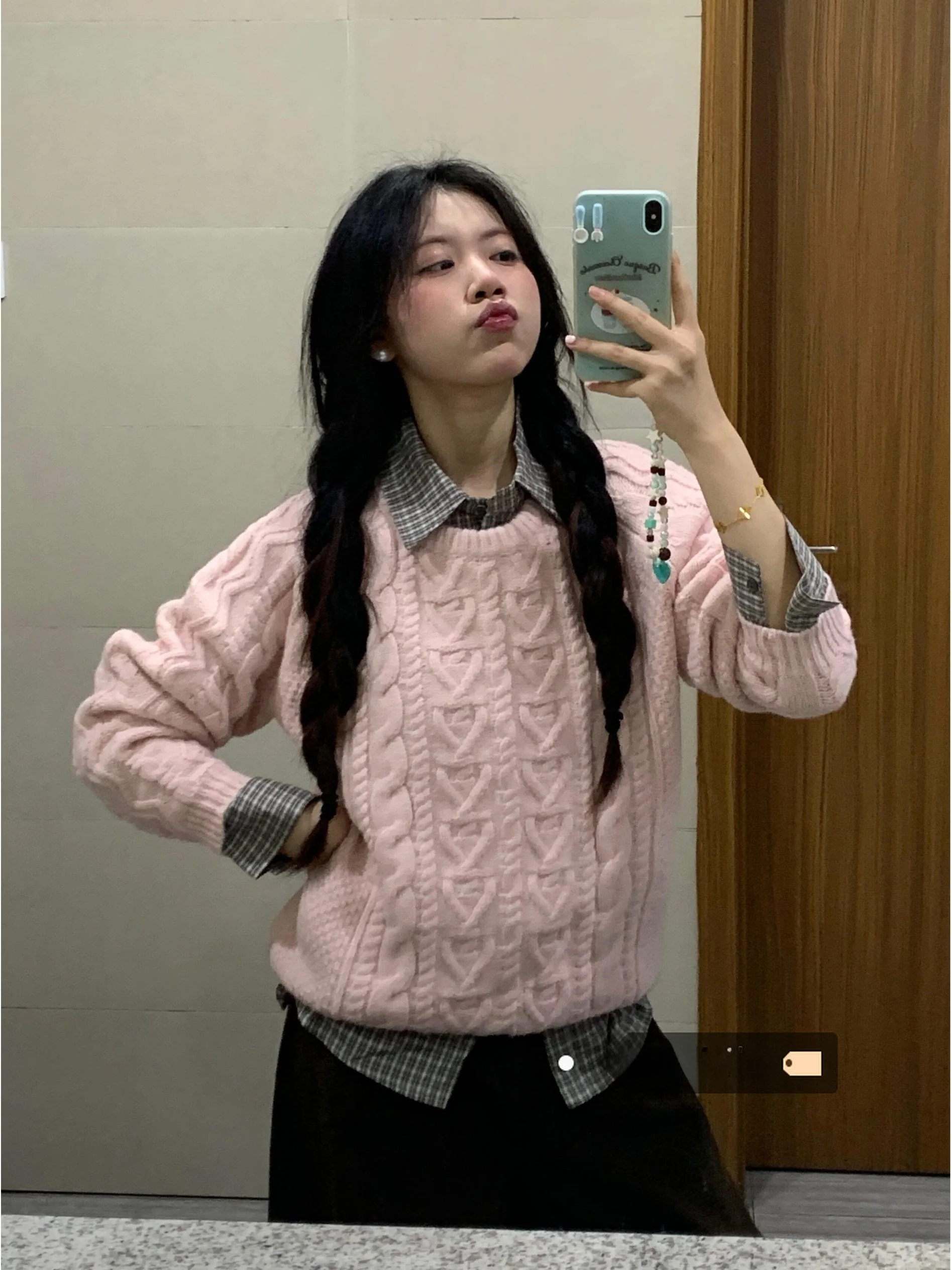 

Early Spring Thiened Pink Sweater Women Loose Lazy Sle High-End round Ne Overhead Knitted Top Inner And Outer Wear