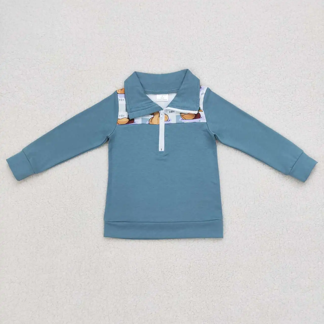 Wholesale Children Long Sleeves Ducks Shirt Baby Boy Plaid Tee Lapel Zipper Infant Blue Cotton Tops Toddler Kids Pullover