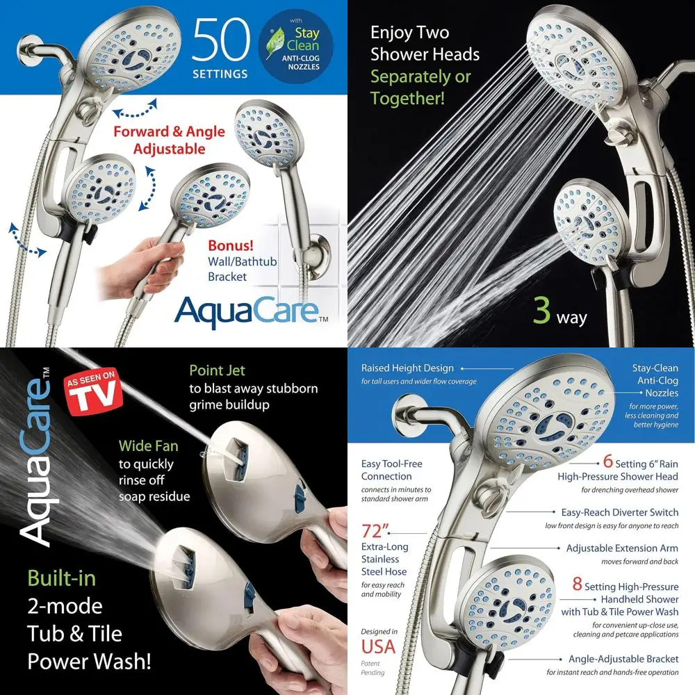 

Ручной душ-тропический ливень с 3 режимами, регулируемым кронштейном, антизасорными форсунками, для ванны и мытья животных, шланг 1,8 м, никелированная отделка