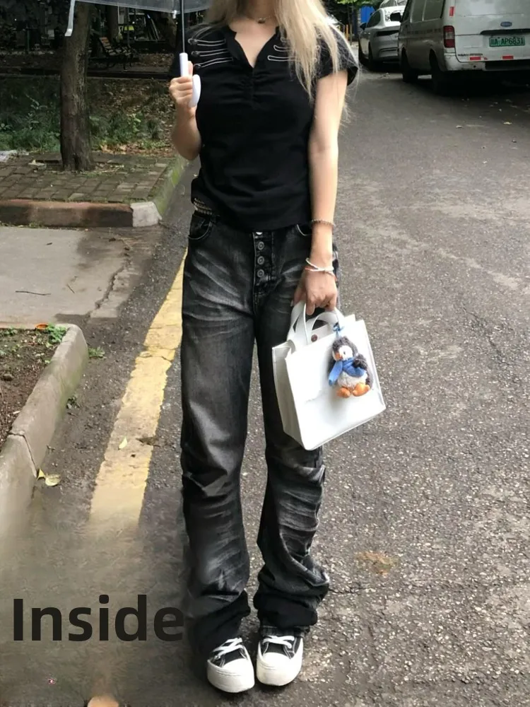 Dark Punk Style Women's Jeans Asymmetrical Crack Pattern Black Grey Color Heavy Industry Subculture Fashion Autumn Winter
