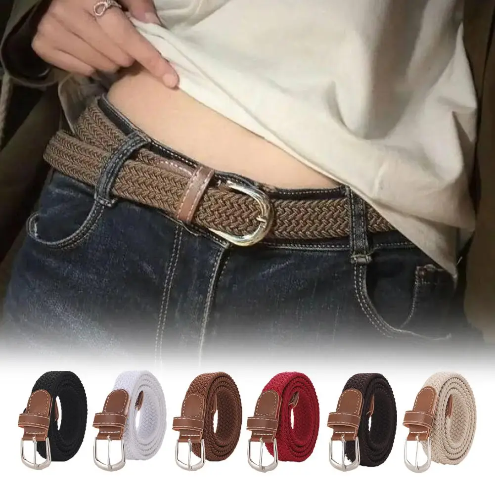 120-130cm Casual Knitted Pin Buckle Men Belt Woven Canvas Elastic Expandable Braided Stretch Belts For Women Jeans Female B K7I5