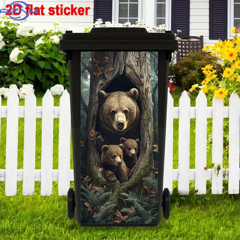 Brown Bears Trash Can Stickers Art, Forest Scene Self-Adhesive Removable Stickers, Nature Stickers, Tree Hollow Artistic Stick