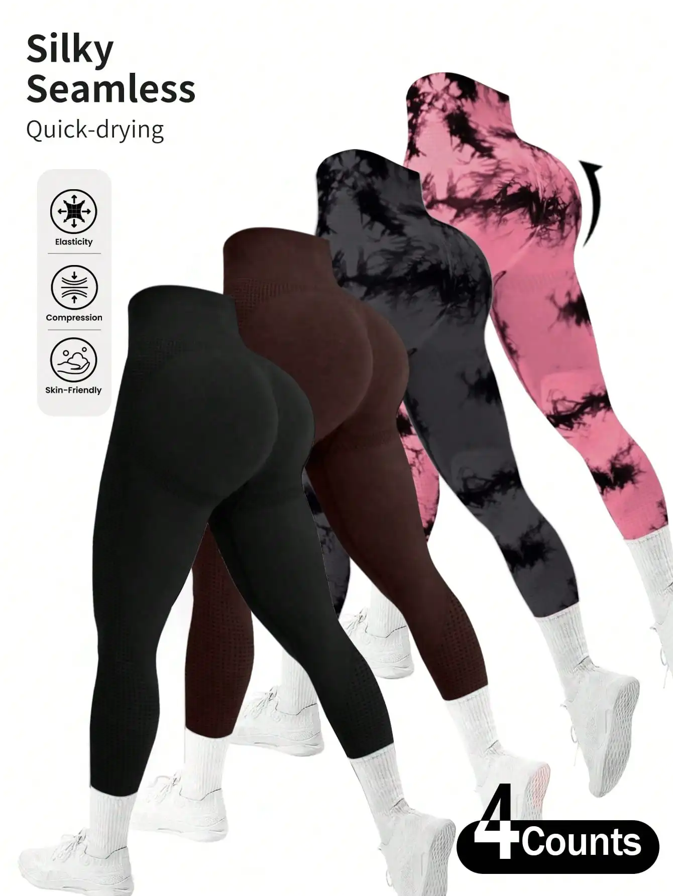 

4pcs Seamless High-Elasticity Women's Combination of Solid-Color Yoga Leggings and Tie-Dyed Yoga Leggings