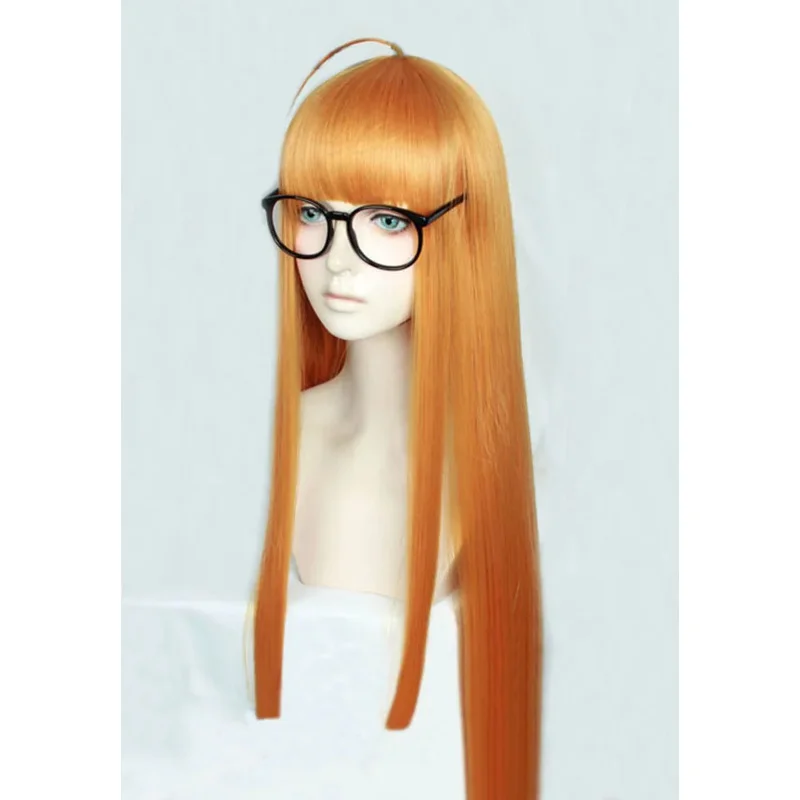 2025 yiyi P5 Persona5 Futaba Sakura 100cm Long Straight Citrus Orange Heat Resistant Cosplay Costume Wig + Track + Cap