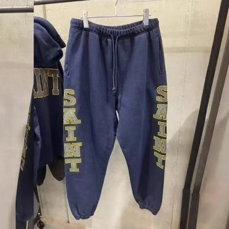 

Aged Waed Cotton Elastic Waist Printed Letter Men's Long Pants Straight Leg mid Waist Faion Urban Sle Fce Lined