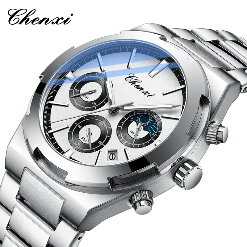 CHENXI 956 Fashion Men's Quartz Watch Chronograph Stainless Steel Strap Waterproof Luminous Moon Phase Sports Watches for Men