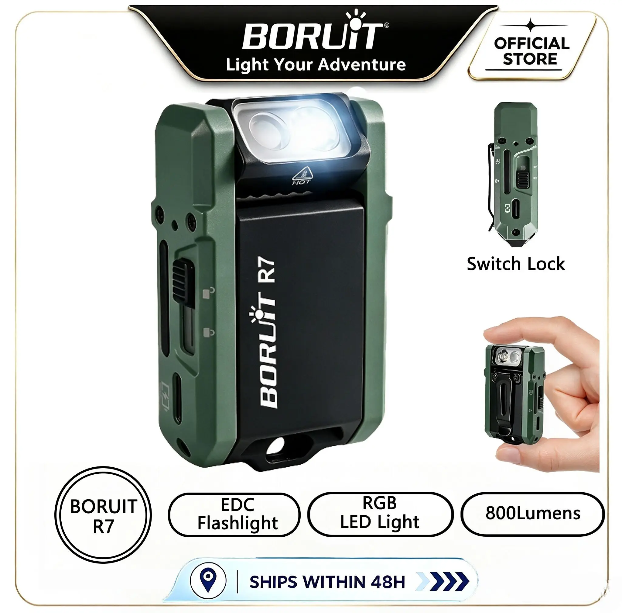 BORUiT R7 800 Lumens Multi-color EDC Flashlight Type-C Rechargeable RGB Protable Keychain Torch Waterproof For Outdoor Camping