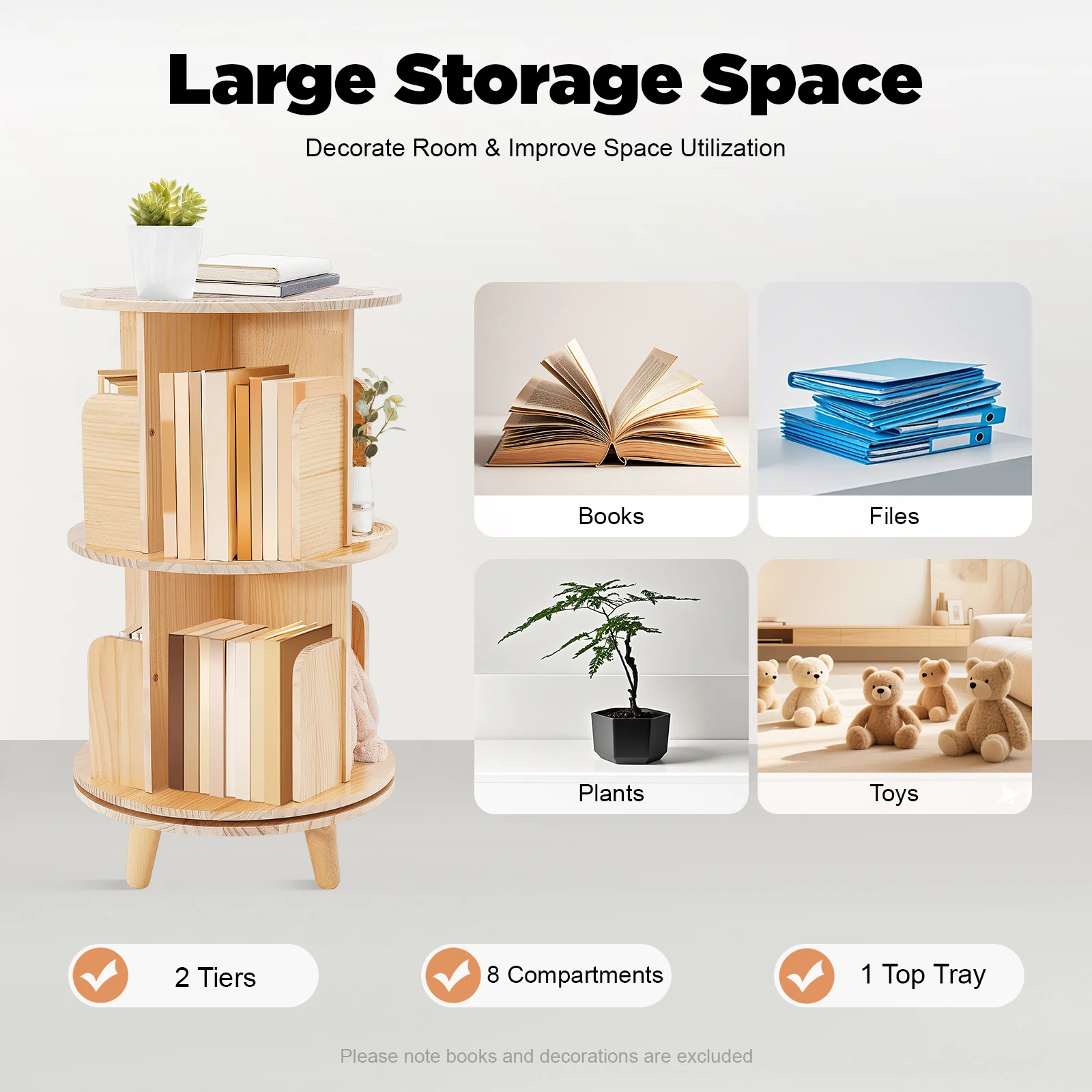 

2-Tier Rotating Bookshelf, 360° Display Floor Standing Bookcase Storage Rack, Multifunctional Pine Wood Bookshelf Organizer Rack