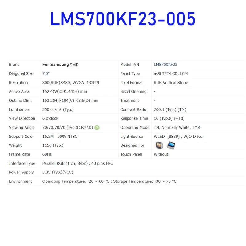 Imagem -03 - Painel de Exibição de Tela Lcd para Samsung Smd 40 Pins Novo Original 7.0 Lms700kf23005