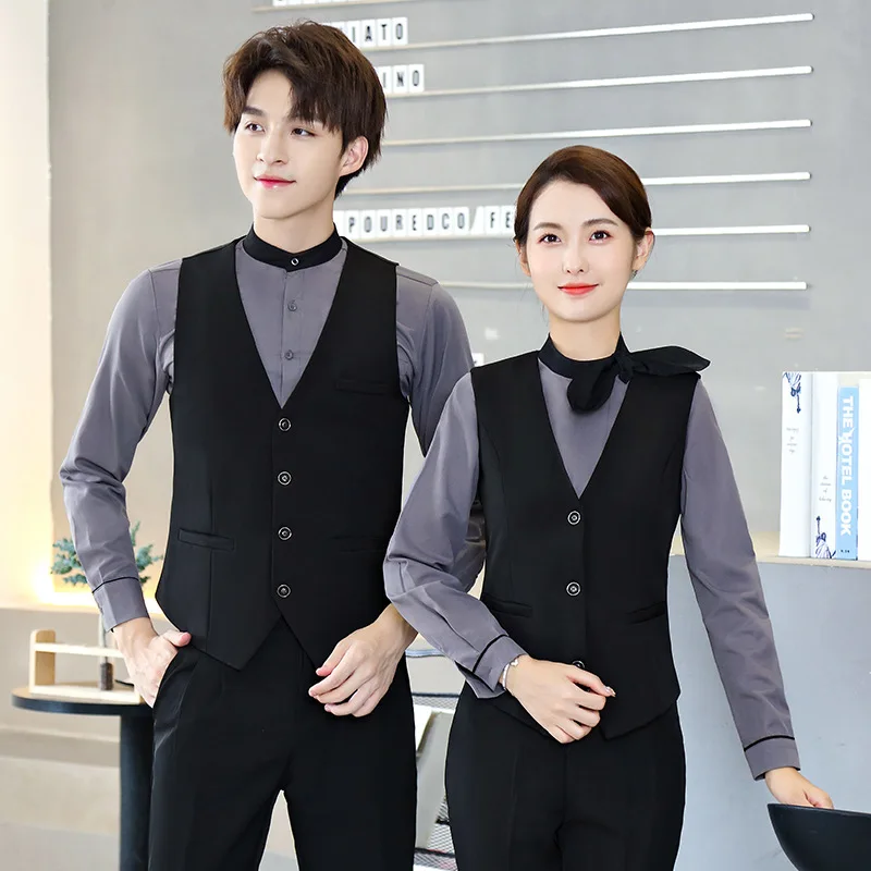 Waiter Workwear Shirt Restaurant Cafe Milk Tea Shop Fashion Slim-Fitting Work ClotheslogoWomen's Long Sleeve