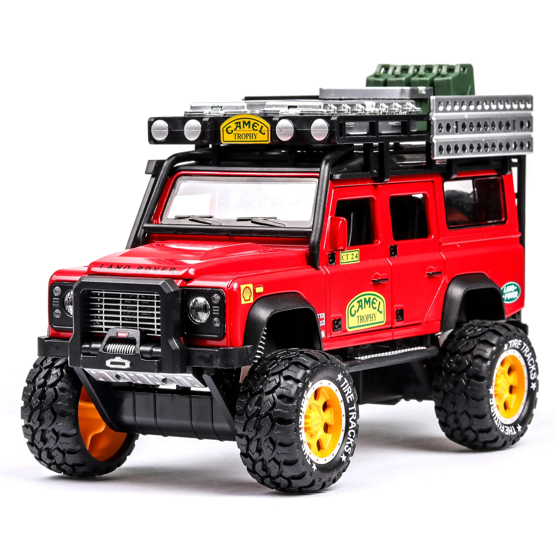 1:28 LAND ROVER DEFENDER CAMEL TROPHY Diecast Metal Alloy Model car Sound Light Pull Back Collection Kids Toy Gifts A272