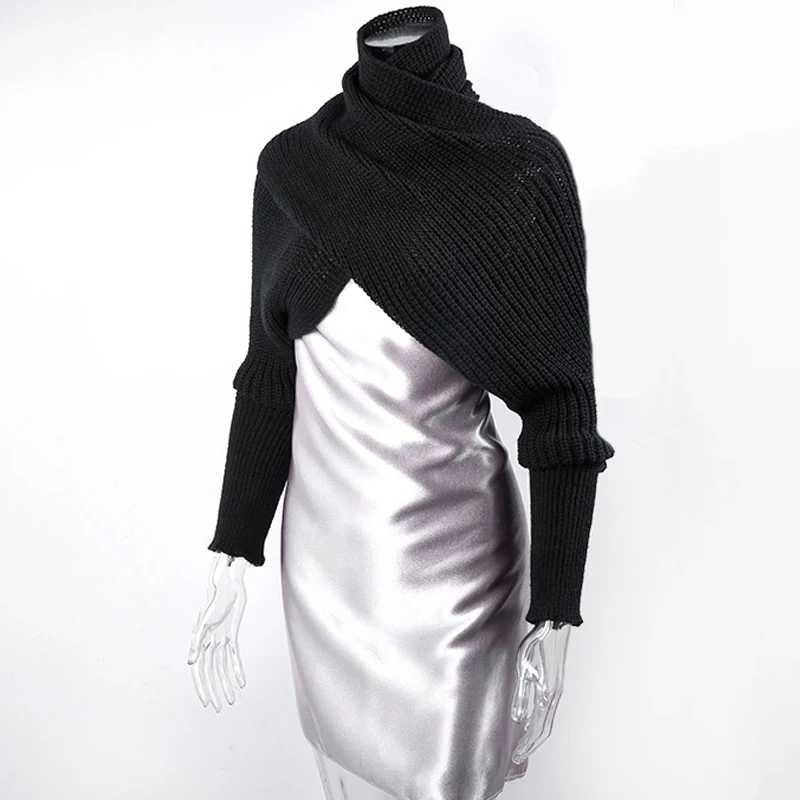 Knitted Shawl With Long Sleeves Elegant Solid Color Wrap Scarf Soft Warm Short Top Autumn Winter Coldproof Knit Shawl Scarves