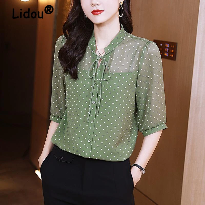 Women\'s Clothing Dot Printed Lace Up Elegant Shirts Summer Korean Fashion Half Sleeve Thin Blouses Office Lady Casual Tops Blusa