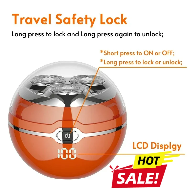 Electric Spherical Shaver For Men Wireless Charging 3D Floating Blade Head Mini Travel Rechargeable Beard Razor With Safety Lock